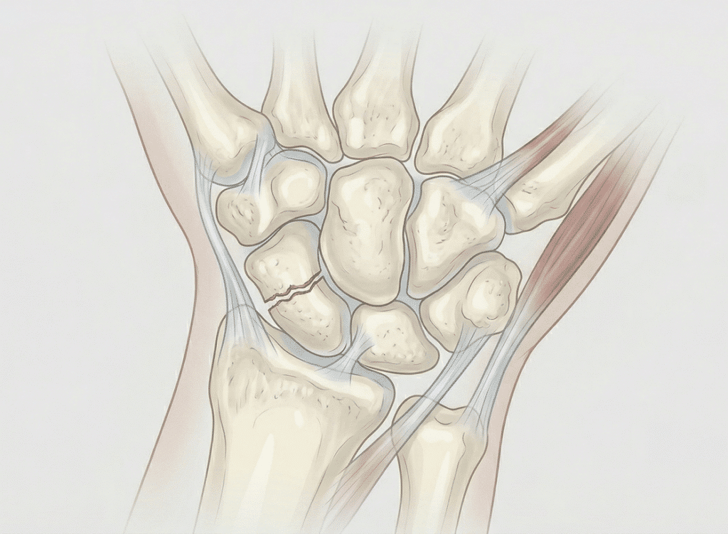 Os du carpe vus de face, avec le trait de fracture en travers du scaphoïde, du côté du pouce