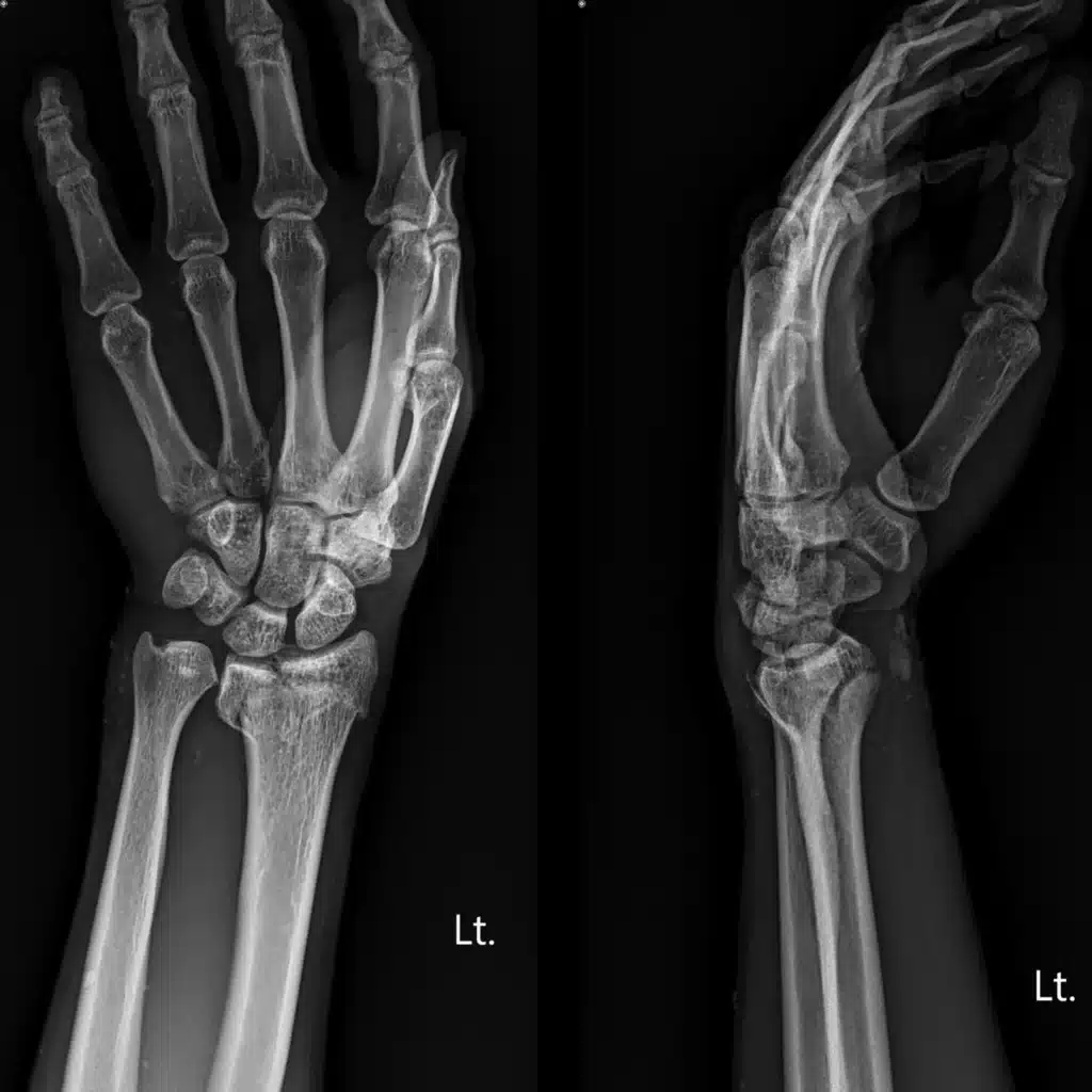 Radiographie d'un poignet gauche, face et profil, marqueur « Lt. »